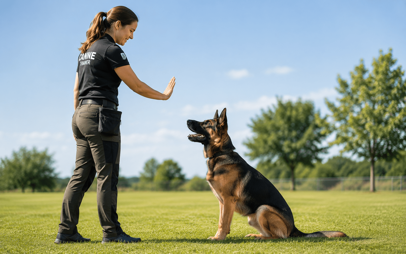 Professional dog trainer guiding a German Shepherd through obedience commands outdoors