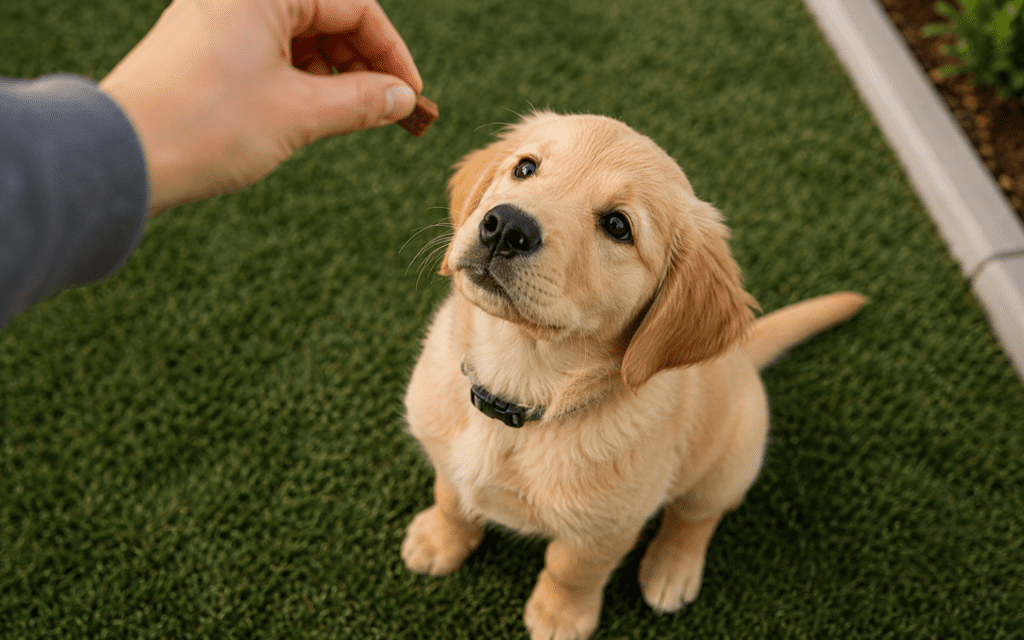 puppy learning the sit command during a training session
