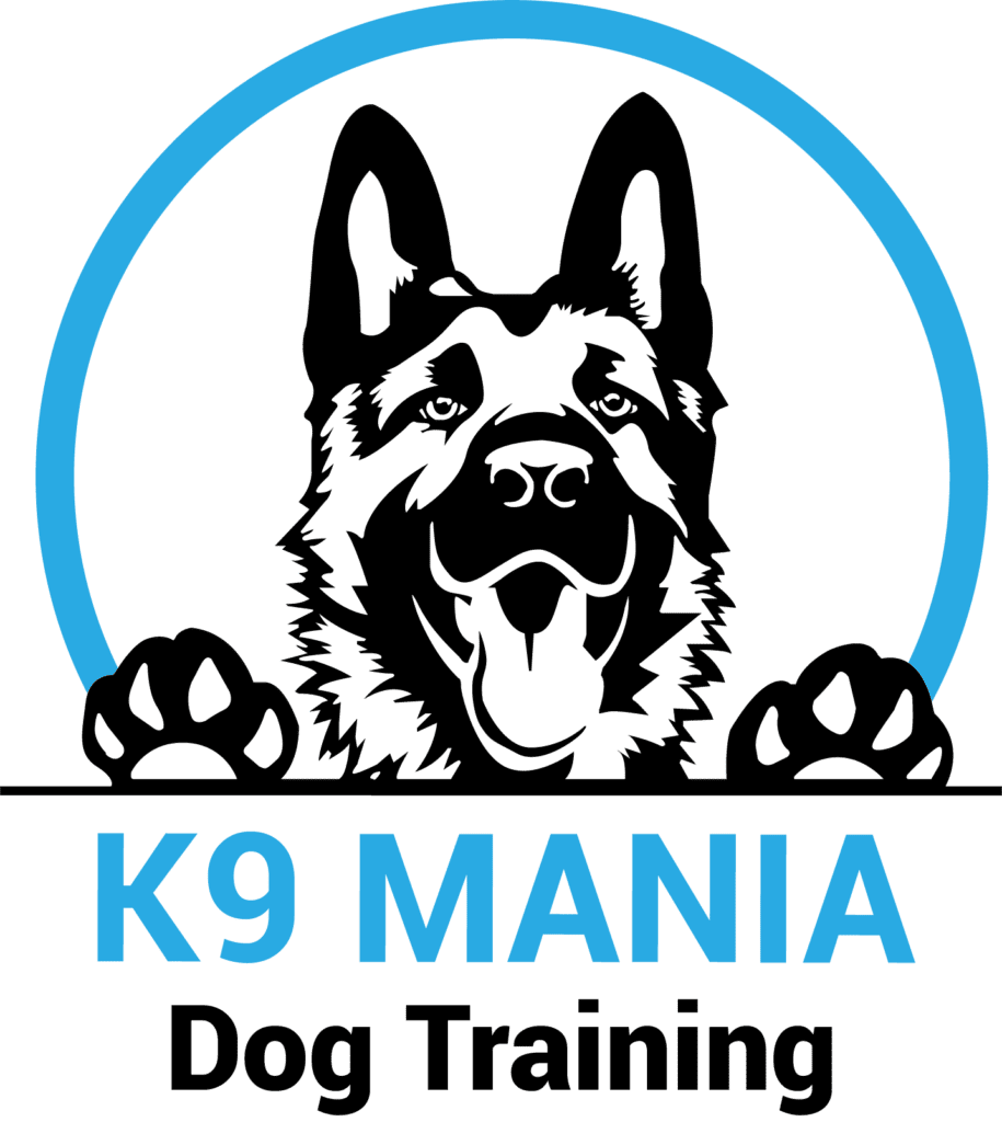 Logo featuring a black and white German Shepherd dog with paws up, inside a blue semicircle. Below, the text reads "K9 MANIA" in blue and "Dog Training" in black—perfect for showcasing canine training expertise.