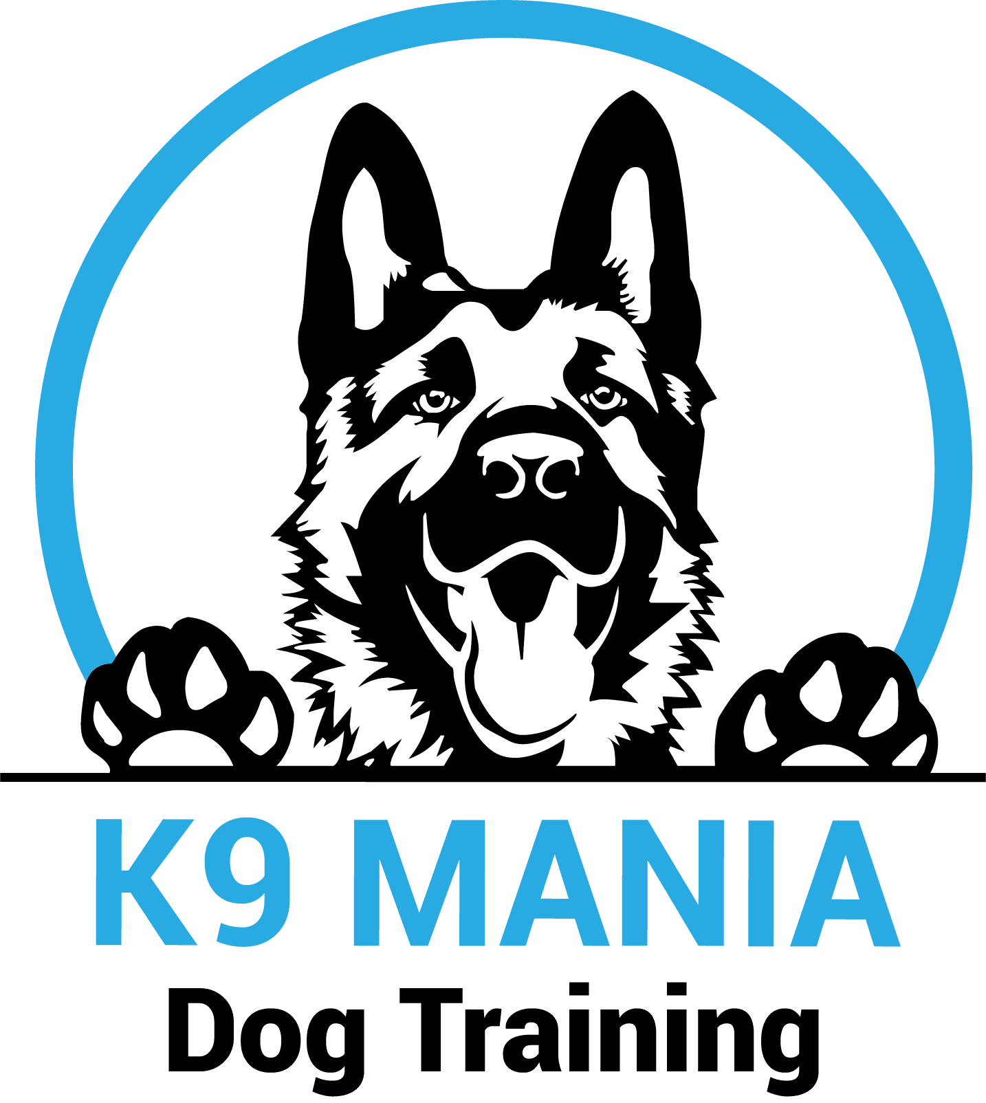 Logo featuring a black and white German Shepherd dog with paws up, inside a blue semicircle. Below, the text reads "K9 MANIA" in blue and "Dog Training" in black—perfect for showcasing canine training expertise.