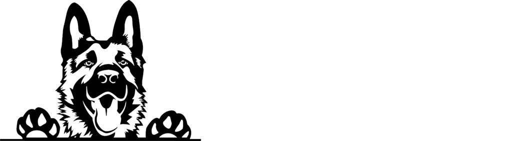 Logo for K9 Mania Dog Training featuring a happy German Shepherd dog's face and paws on the left, highlighting canine training, with the company name in bold white text on a green background.