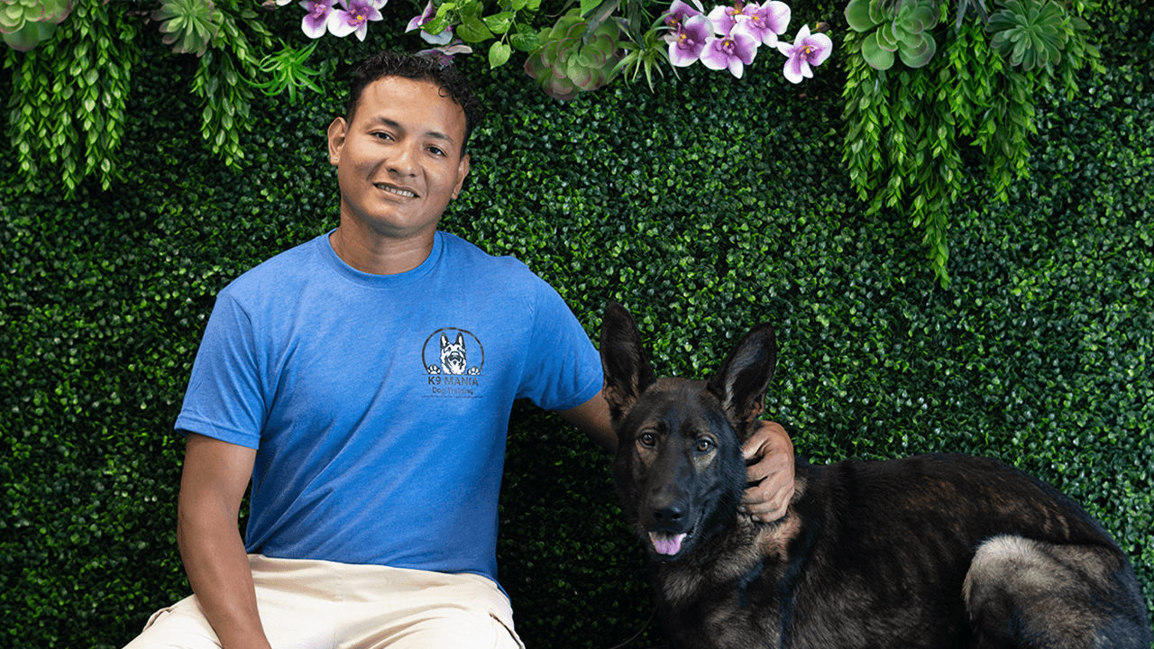 A man in a blue shirt sits next to a black German Shepherd, smiling, with his arm around the dog. They are in front of a lush green wall decorated with purple flowers, showcasing the special bond and good behavior gained from training.