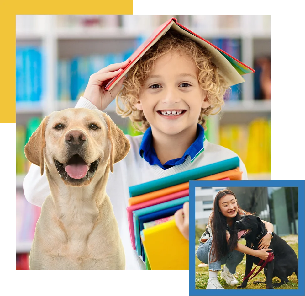 A smiling child holds colorful books with one book open over their head, a happy canine Labrador sits in front, and in a smaller frame, a woman hugs a black dog outdoors.