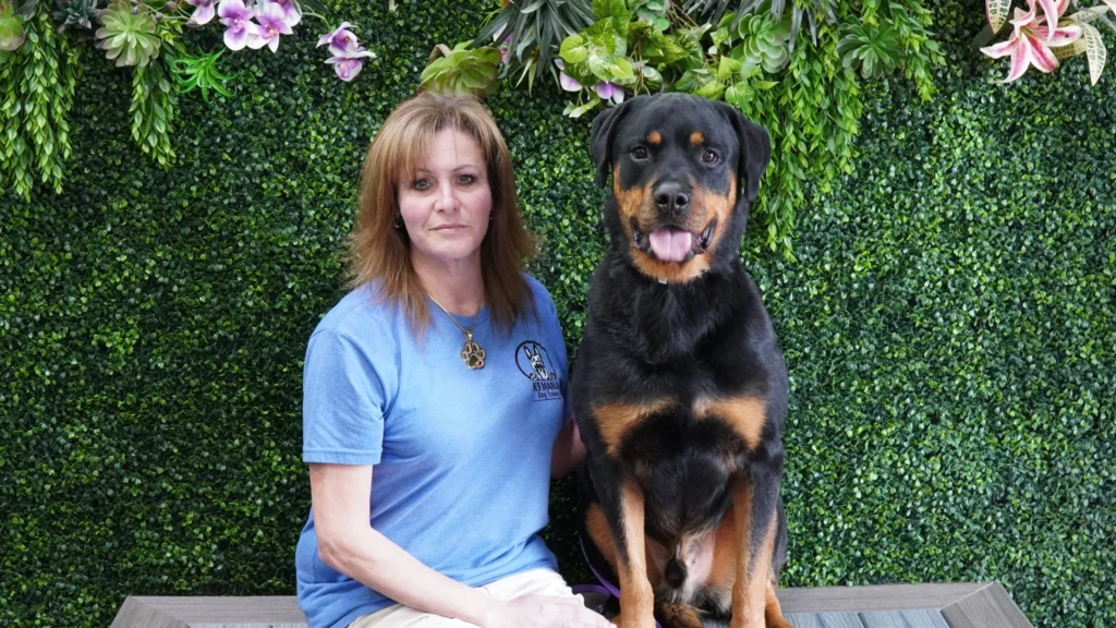 A woman in a blue shirt sits beside her obedient Rottweiler on a bench, both facing the camera. The background is a green hedge adorned with vibrant flowers and leafy plants, highlighting their canine companionship.