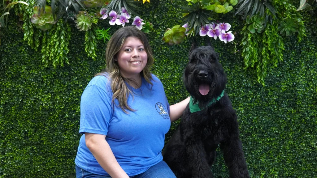 A woman in a blue shirt sits beside a large black dog wearing a green bandana, both smiling in front of a lush green wall decorated with hanging plants and purple orchids after a fun dog training session.