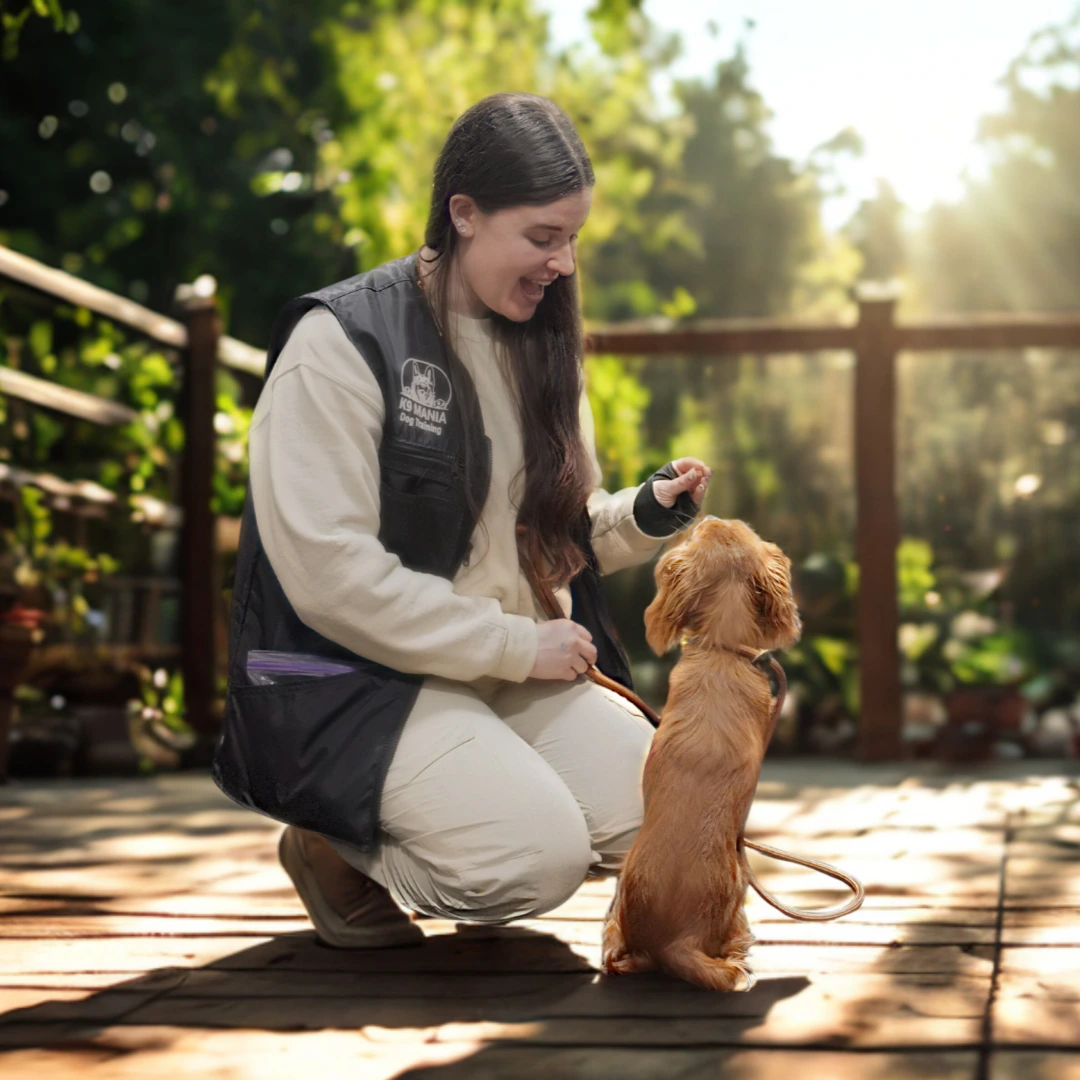 A professional trainer working with a playful puppy during a training session at K9 Mania Dog Training, showcasing positive reinforcement and building strong communication
