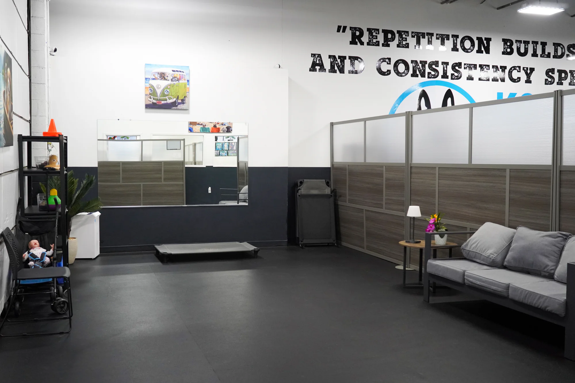 Our Certification 15 Modern indoor training room and seating area at K9 Mania Dog Training in Suffolk County New York
