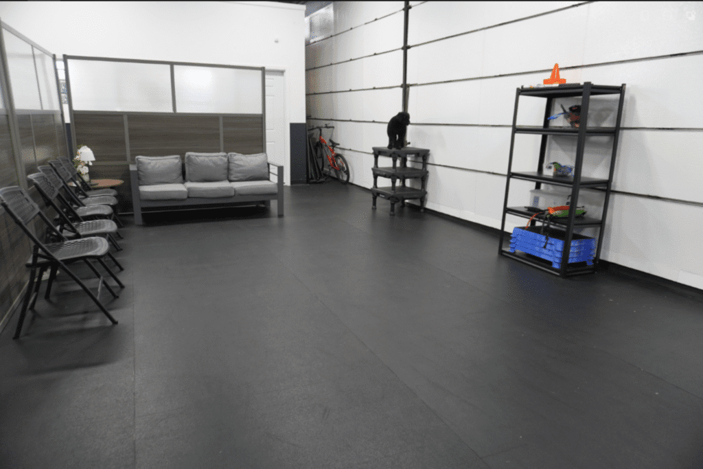 Our Commitment to Safety 1 A spacious room with black flooring, folding chairs lined up on the left, a gray sofa, a partition, shelves with storage bins, a bicycle, and a black dog standing on a small table near the back wall.
