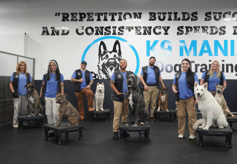 Dogtraining 5 The team of 7 K9 Mania Dog Trainers, all smiles, displaying their expertise and commitment to creating positive experiences for dogs and their owners through high-quality training sessions