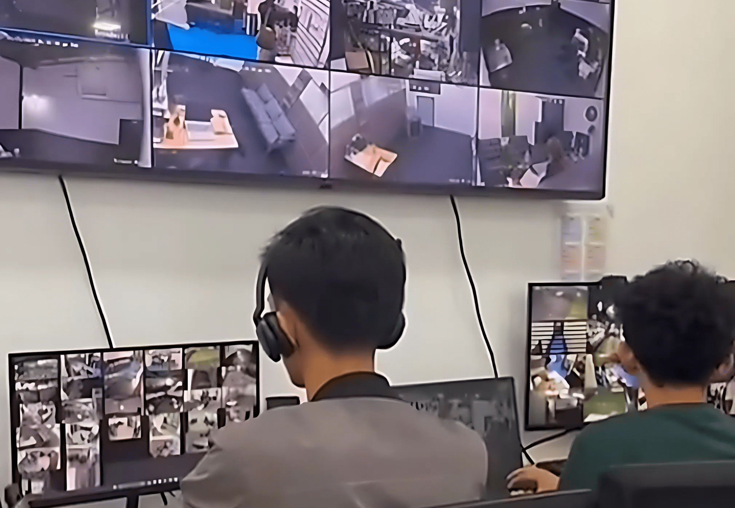 Our Commitment to Safety 7 Two people wearing headsets sit at desks, monitoring multiple security camera feeds displayed on large screens and computer monitors in a surveillance control room.