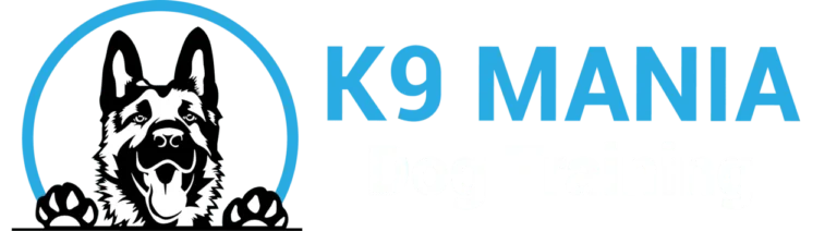 Dogtraining 7 Logo for K9 Mania Dog Training featuring a black and white illustration of a German Shepherd’s head inside a blue circle, with blue and white text reading "K9 MANIA Dog Training" on the right side.