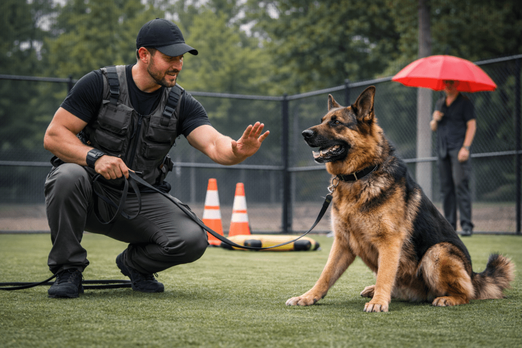 Board and Train for Aggressive Dogs: Complete Guide for Long Island Owners 1 A man in tactical gear kneels and gestures to a German Shepherd on a leash in a fenced outdoor area, with traffic cones nearby and a person holding a red umbrella in the background.