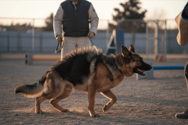 Board and Train for Aggressive Dogs: Complete Guide for Long Island Owners 2 A German Shepherd with raised fur stands alert and tense on a sandy surface, facing a person in protective gear; another person holding a leash stands in the background at an outdoor training area.