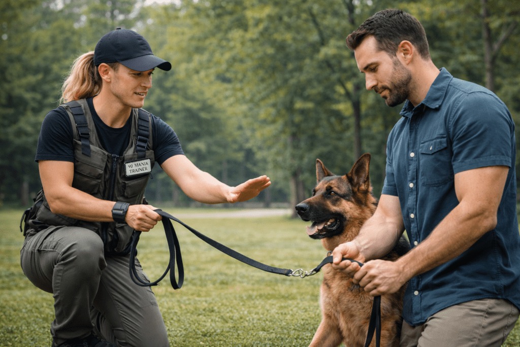 Board and Train for Aggressive Dogs: Complete Guide for Long Island Owners 3 A woman in a vest labeled "K9 HANDLER" trains a German Shepherd dog in a park, giving a hand signal, while a man holds the dog's leash. Trees and grass fill the background.