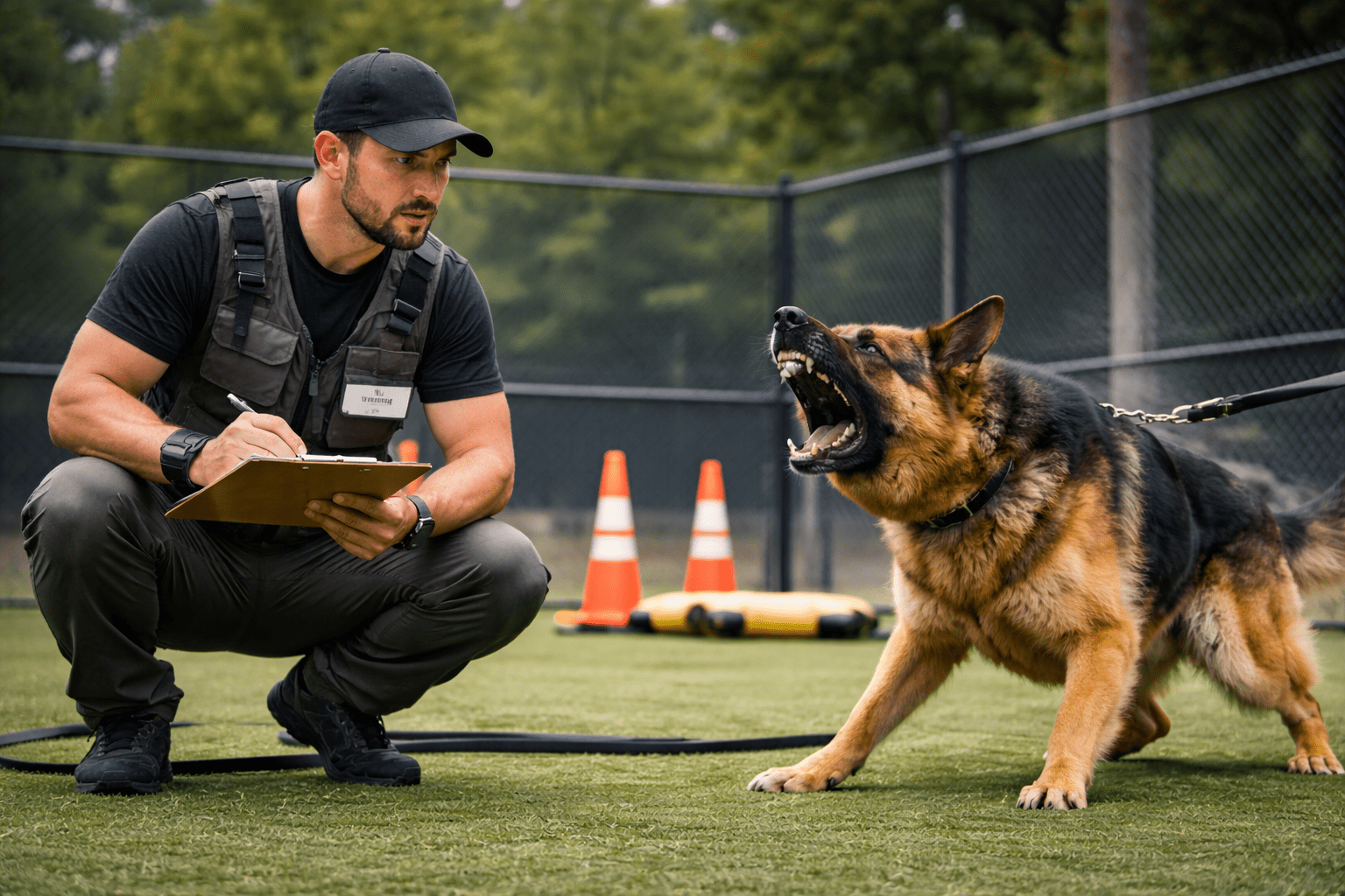 A man in tactical gear kneels on grass, writing on a clipboard, while a German Shepherd on a leash barks fiercely. Orange cones and a fence are visible in the background.