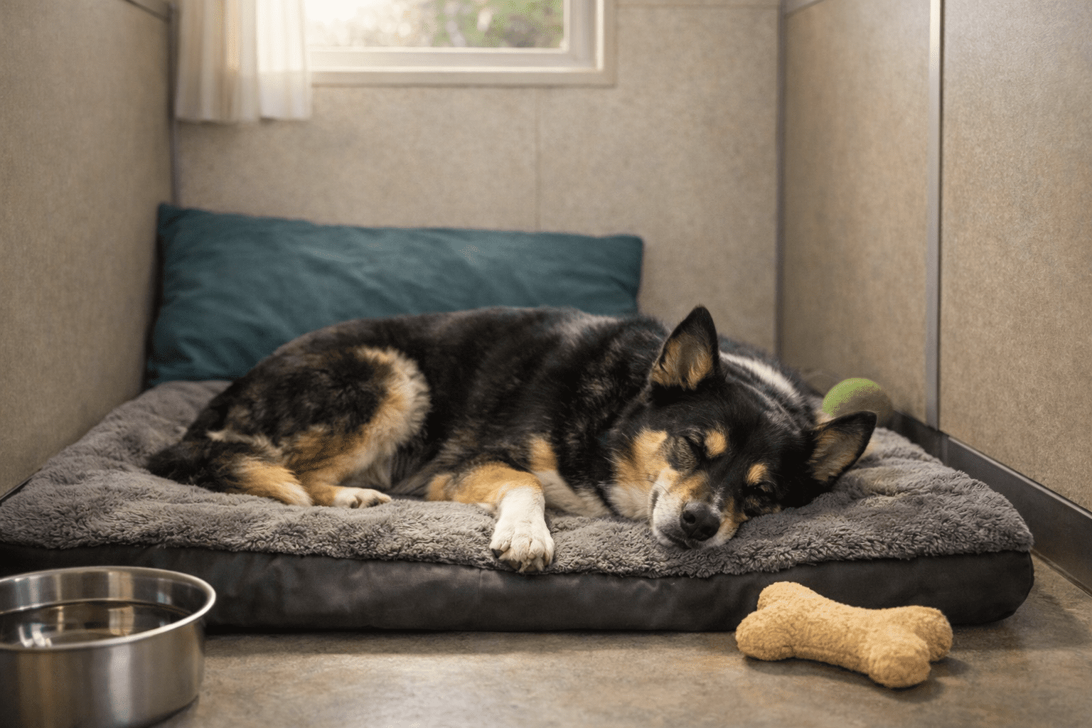 Boarding a Reactive Dog: Complete Guide for Safe Care 5 A black and tan dog is sleeping on a gray bed in a cozy room with a blue pillow, green ball, water bowl, and yellow bone-shaped toy—no signs of bad dog boarding here, just sunlight streaming through the small window above.