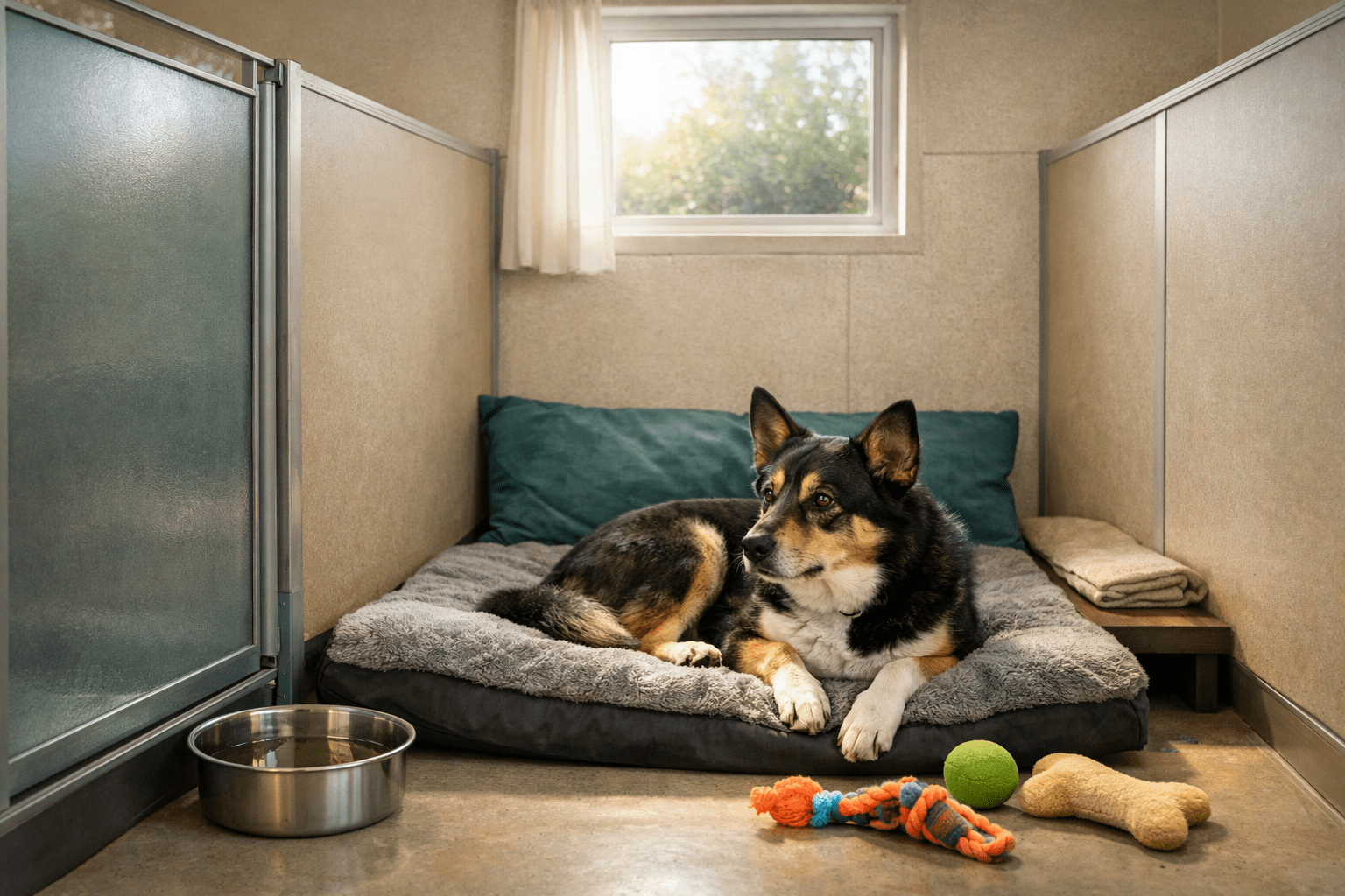 A black and tan dog lies on a cushion in a kennel with toys and a water bowl nearby. Sunlight shines through a small window, creating a calm atmosphere—none of the signs of bad dog boarding are present in this cozy space.