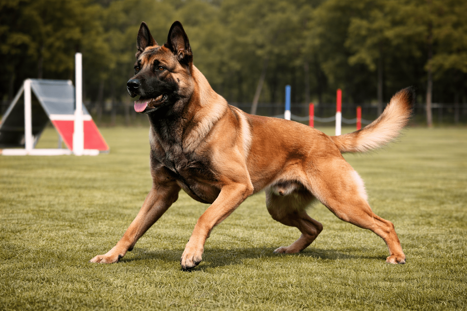 Top 10 Aggressive Dogs: Breeds, Traits, and What You Need to Know 9 A Belgian Malinois dog stands alert on a grassy field, mid-stride, with agility equipment and trees visible in the blurred background.