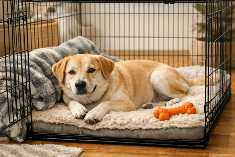 crate training a dog with separation anxiety​. A tan dog with white markings lies on a soft, fluffy bed inside a black metal crate—ideal for boarding a reactive dog. A gray blanket and an orange bone-shaped toy are nearby, and the dog looks calmly at the camera.