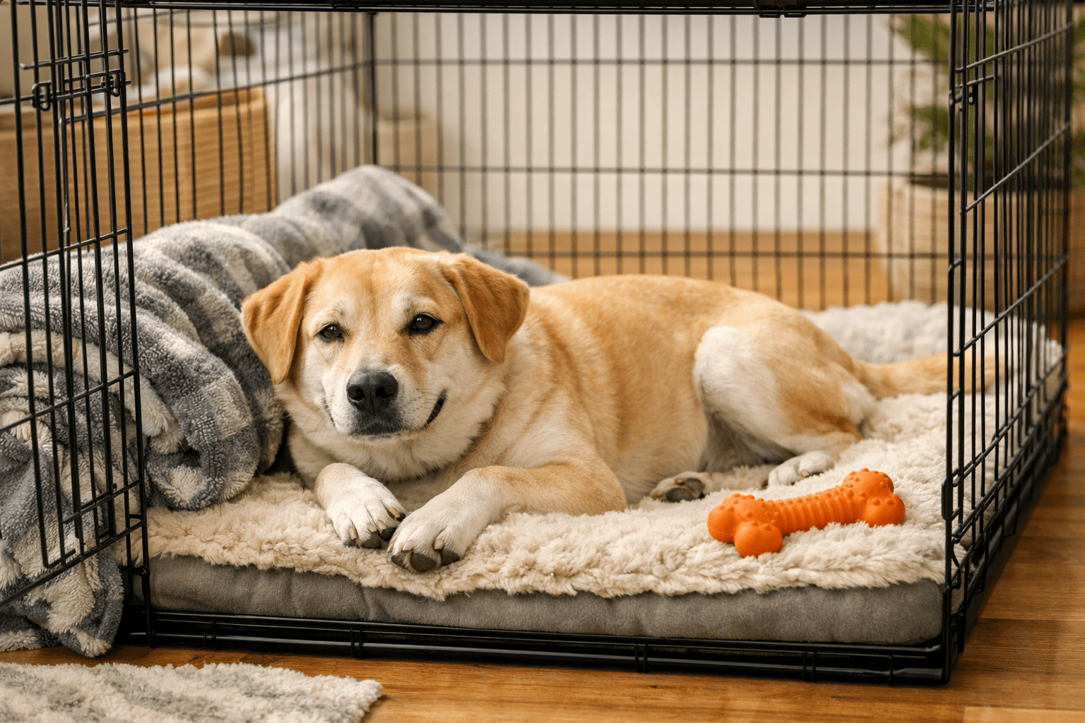 crate training a dog with separation anxiety. A tan dog with white markings lies on a soft, fluffy bed inside a black metal crate—ideal for boarding a reactive dog. A gray blanket and an orange bone-shaped toy are nearby, and the dog looks calmly at the camera.