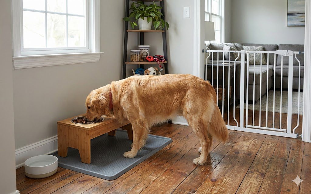How to Stop Food Aggression with Dogs Safely 3 A golden retriever eats from a raised wooden dog bowl stand on a mat in a bright room with hardwood floors. Nearby, pet supplies and a white baby gate are visible—essential for when your dog keep humping me moments happen.