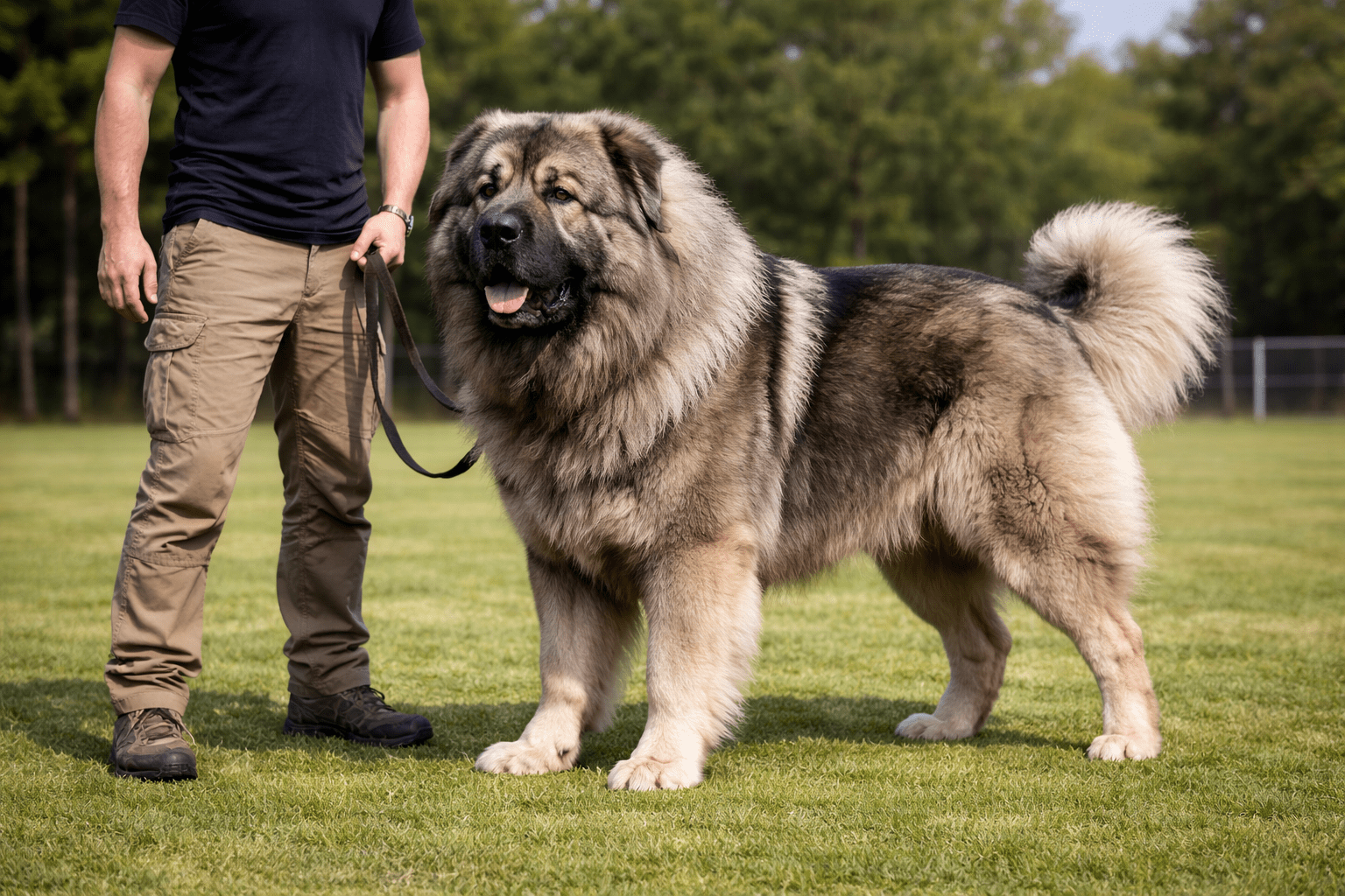 Top 10 Aggressive Dogs: Breeds, Traits, and What You Need to Know 5 A large, fluffy Caucasian Shepherd dog stands on grass beside a person in khaki pants and a black shirt, holding its leash. Trees and a fence are visible in the background.