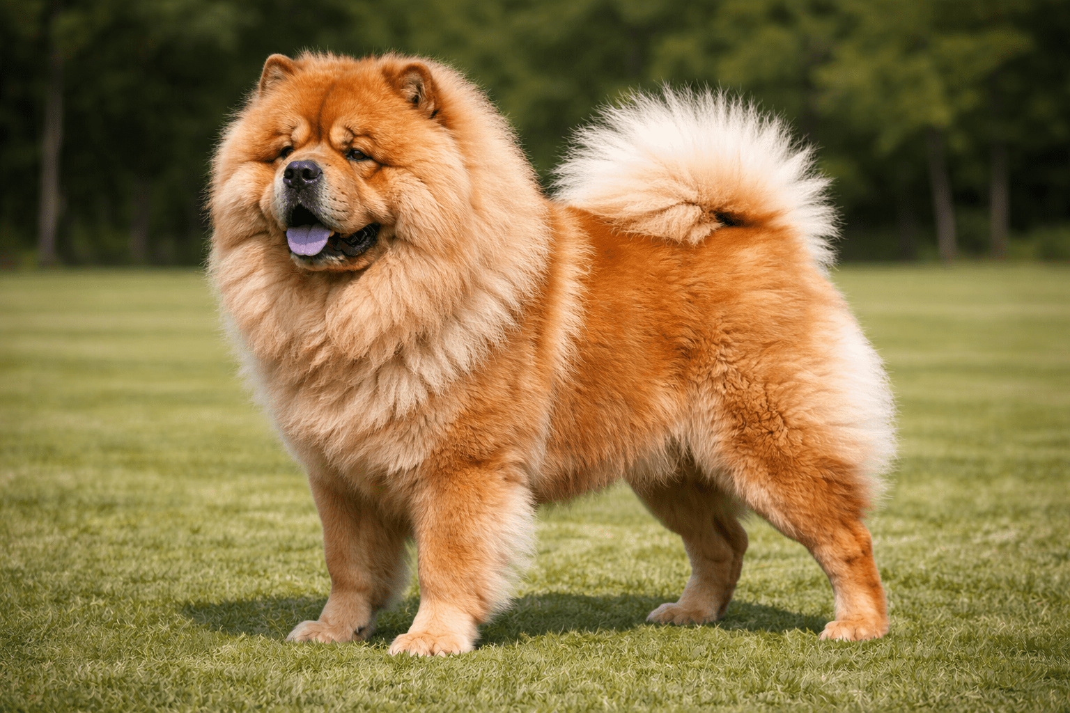 Top 10 Aggressive Dogs: Breeds, Traits, and What You Need to Know 7 A fluffy, reddish-brown Chow Chow dog with a thick coat stands on green grass, looking forward with its mouth slightly open and tongue visible. Trees are blurred in the background.