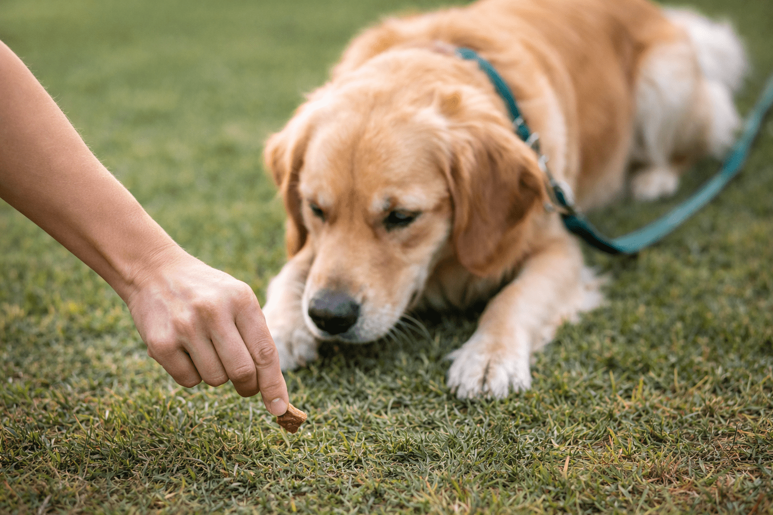 How to Train a Dog to Lay Down: Step-by-Step Guide for Success 2 A golden retriever lying on grass intently watches a person's hand holding a treat close to its nose. The dog, wearing a green leash, appears focused on the treat—a great example of positive reinforcement dog training in action.