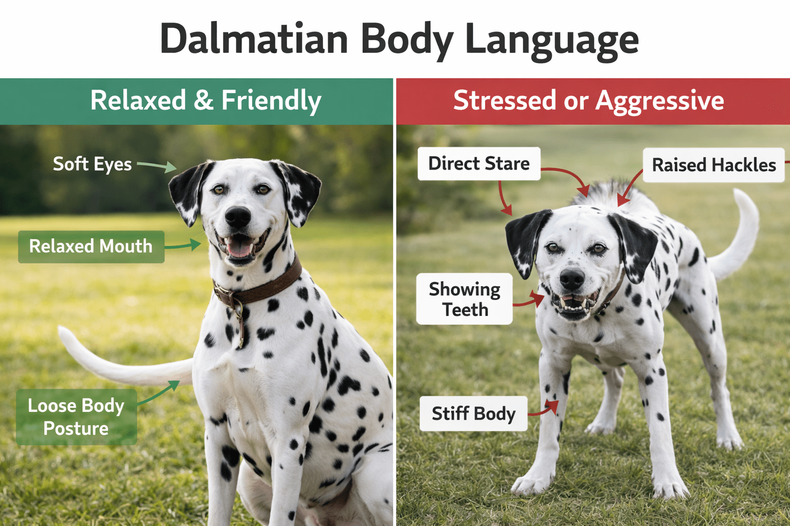 Are Dalmatians Aggressive Dogs? Understanding This Spotted Breed's Temperament 5 Two Dalmatians side by side outdoors: the left dog appears relaxed and friendly with soft eyes and loose posture, while the right looks tense—similar to when a dog keeps humping me—showing teeth, raised hackles, and a stiff body.