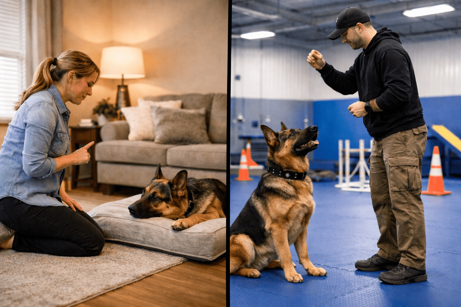 Split image: On the left, a woman trains a German Shepherd laying on a dog bed in a cozy living room. On the right, a man trains a German Shepherd sitting attentively in an indoor training facility.