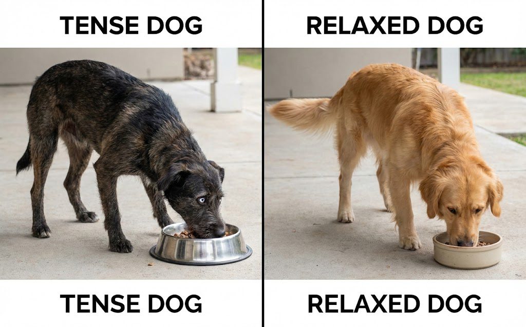 How to Stop Food Aggression with Dogs Safely 1 Side-by-side comparison of two dogs eating: left, a tense dark-colored dog with a stiff posture, which may show behaviors like when a dog keep humping me; right, a relaxed golden dog with a loose body. Text labels show "Tense Dog" and "Relaxed Dog.