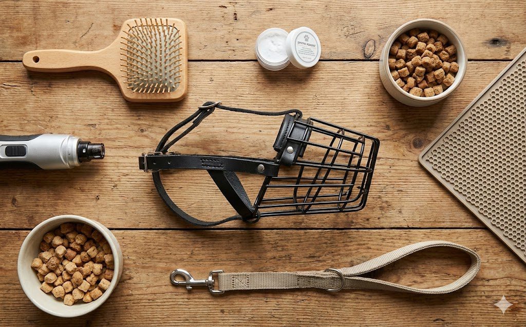 Grooming Aggressive Dogs: Safe Techniques and Professional Tips 2 Dog care items arranged on a wooden surface, including a muzzle, grooming brush, leash, dog treats in bowls, chew mat, nail grinder, and two small containers of cream.