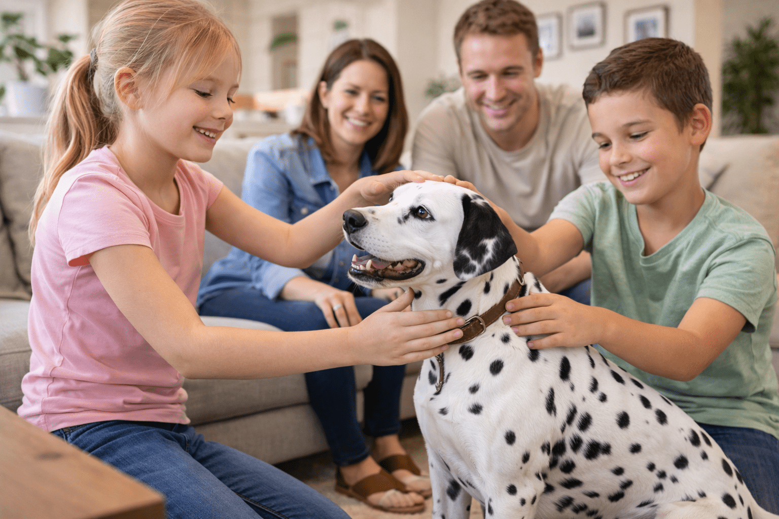 Are Dalmatians Aggressive Dogs? Understanding This Spotted Breed's Temperament 4 Two smiling children pet a happy Dalmatian in a living room, with two adults relaxing behind them on the couch. Everyone looks cheerful, despite the kids joking that "the dog keep humping me" during playtime.
