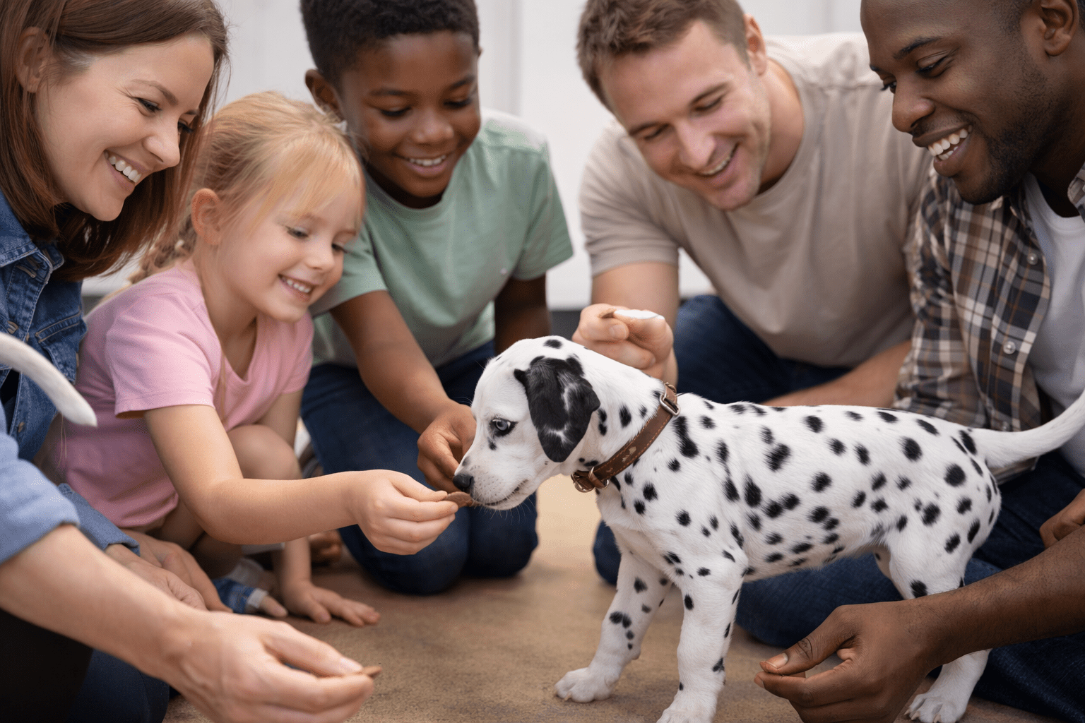 Are Dalmatians Aggressive Dogs? Understanding This Spotted Breed's Temperament 2 A group of smiling adults and children crouch down to feed treats to a Dalmatian puppy indoors. The joyful scene distracts from moments when someone might wonder, "Why does the dog keep humping me?" as everyone happily engages with the playful pup.