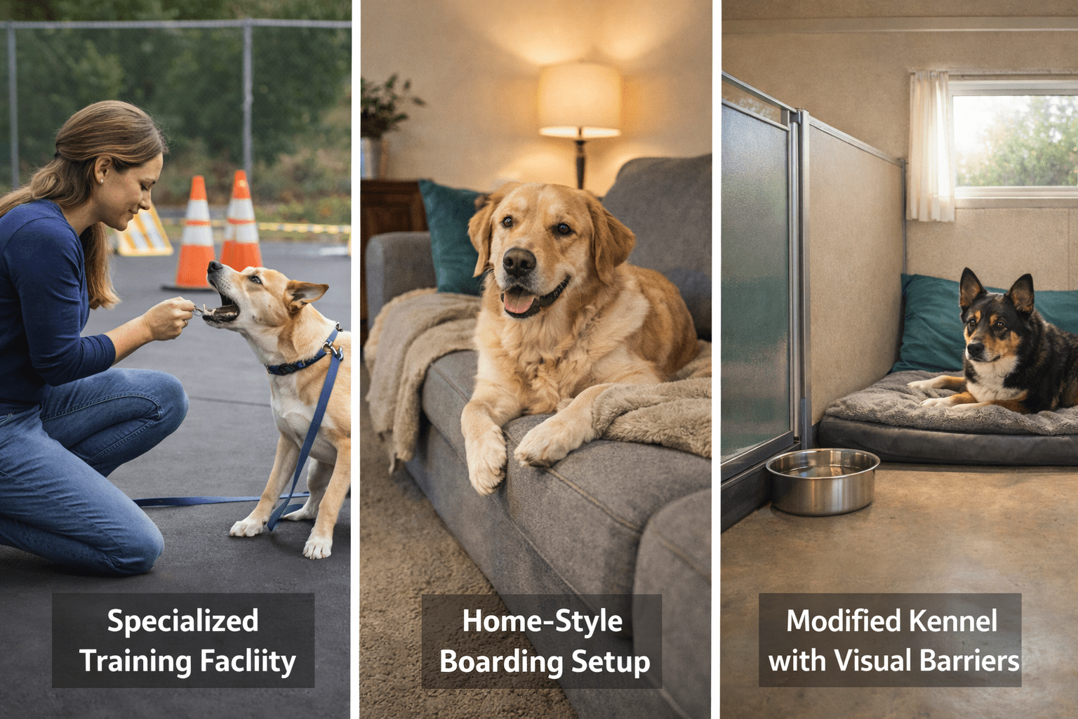 Boarding a Reactive Dog: Complete Guide for Safe Care 2 A collage showing: a woman training a dog outdoors (Specialized Training Facility), a golden retriever on a couch (Home-Style Boarding Setup), and a dog in a kennel with panels—watch for signs of bad dog boarding in these environments.