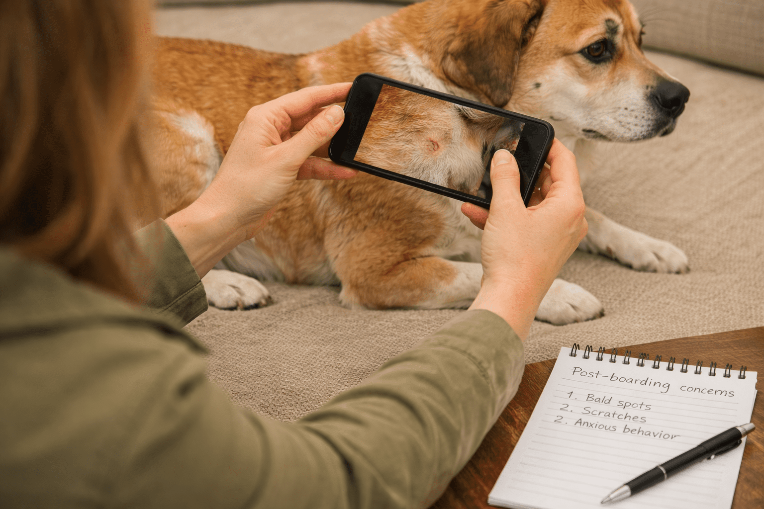Signs of Bad Dog Boarding: What Every Dog Owner Should Know 4 A person takes a photo of a dog's skin irritation with a smartphone as the dog lies calmly on the couch, showing progress after learning how to train a dog to lay down. A notepad lists "Post-boarding concerns" like bald spots and anxious behavior.
