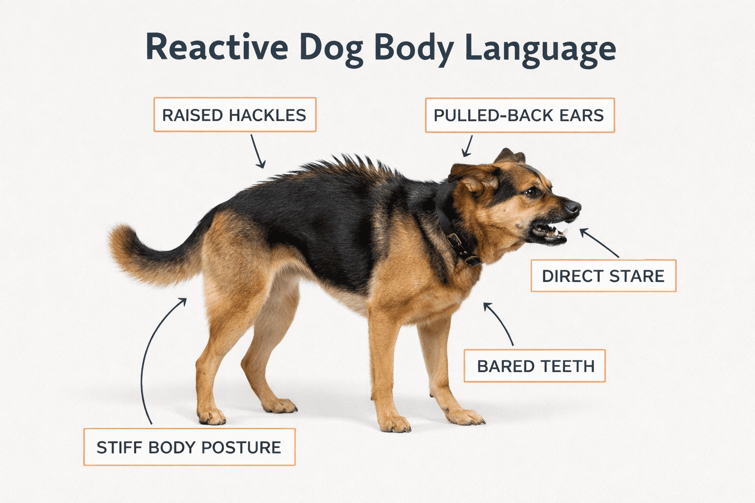 Board and Train vs Private Lessons for Aggressive Dogs 1 A dog stands with raised hackles, pulled-back ears, a stiff body posture, direct stare, and bared teeth. Labels highlight these signs of reactive dog body language.