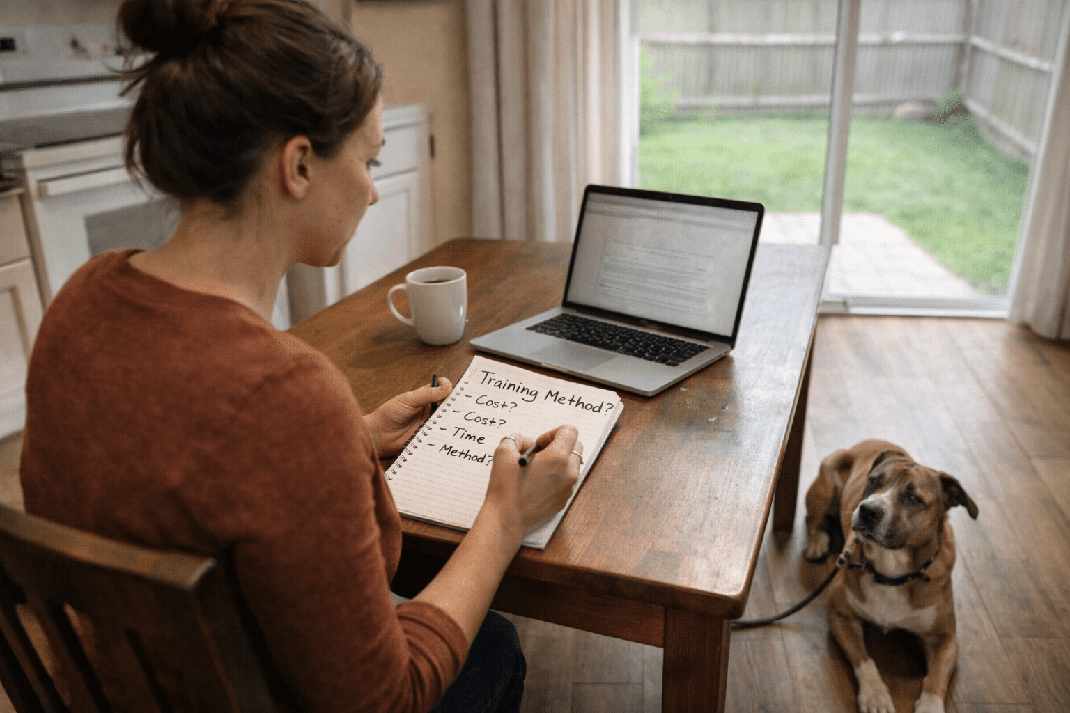 Board and Train vs Private Lessons for Aggressive Dogs 5 A woman sits at a kitchen table with a notebook that lists dog training considerations, a laptop, and a mug. A brown dog on a leash sits nearby, looking up at her. Sunlight streams in from a glass door to the backyard.