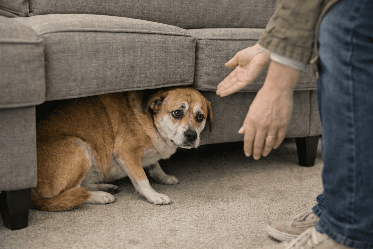Signs of Bad Dog Boarding: What Every Dog Owner Should Know 2 A small, scared dog hides under a gray couch, looking up nervously at a person reaching out a hand—perhaps unsure how to train a dog to lay down or simply trying to comfort the anxious pup.