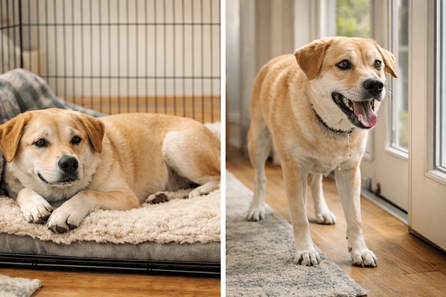 Crate Training a Dog with Separation Anxiety: Complete Guide 1 A tan and white dog with floppy ears rests on a plush bed inside a crate—perfect for boarding a reactive dog—or stands by a glass door, looking outside with its mouth open, capturing both comfort and curiosity.