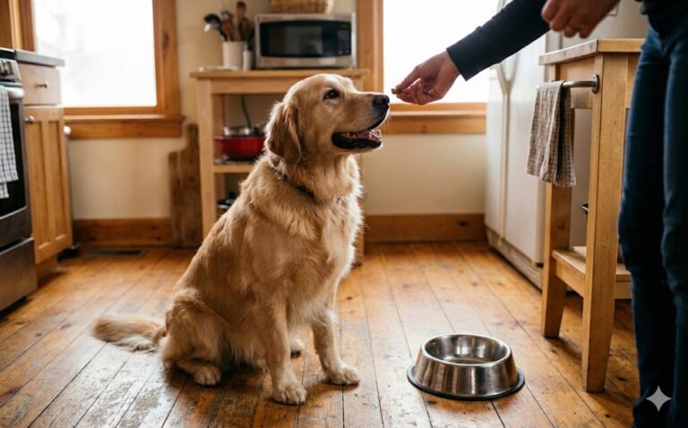A golden retriever sits on a wooden kitchen floor, looking up at a person who is offering it a treat, perhaps hoping the dog keep humping me phase is over. A metal dog bowl rests nearby.