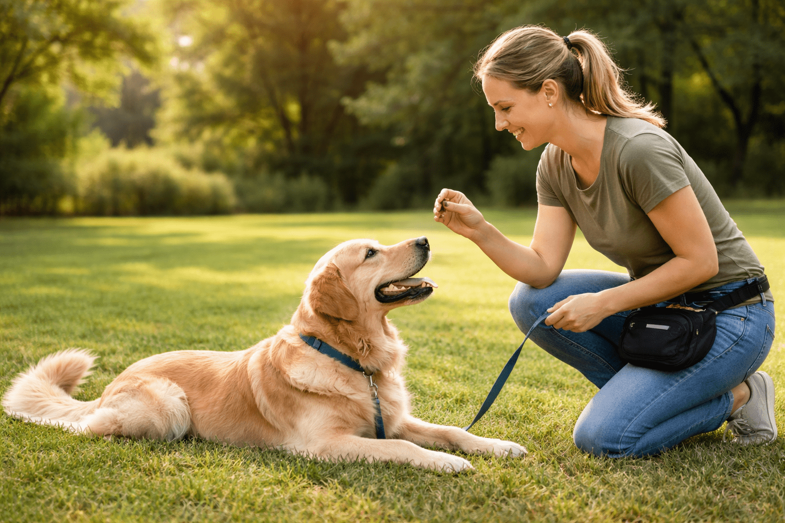How to Train a Dog to Lay Down: Step-by-Step Guide for Success 5 A woman kneels on grass, smiling as she holds a treat above her golden retriever, using positive reinforcement dog training. The eager dog, wearing a leash and harness, looks up at her in a sunny park with trees in the background.