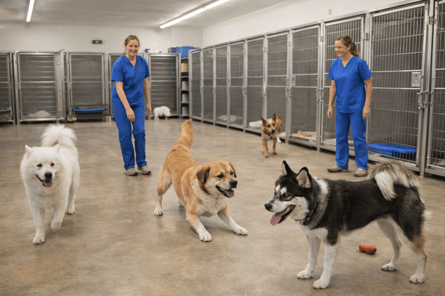 Signs of Bad Dog Boarding: What Every Dog Owner Should Know 5 Two women in blue scrubs watch over four playful dogs in a clean kennel room with metal cages. The dogs appear happy and energetic, with toys scattered on the floor—an ideal place to learn how to train a dog to lay down.