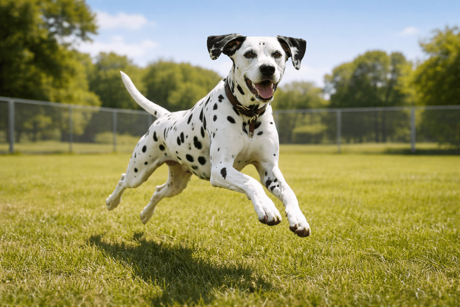 Are Dalmatians Aggressive Dogs? Understanding This Spotted Breed's Temperament 1 Are Dalmatians Aggressive Dogs? A happy Dalmatian dog with black spots is mid-air, running energetically on green grass in a sunny park—full of playful spirit, not the kind of dog that would keep humping me. Trees and a fence are in the background.