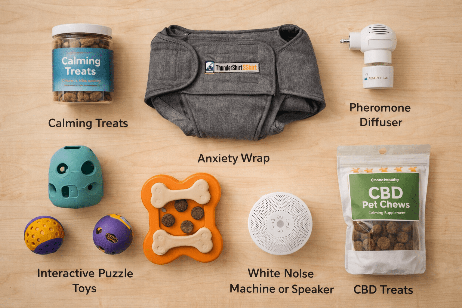 Crate Training a Dog with Separation Anxiety: Complete Guide 4 A variety of dog anxiety relief items on a wood surface, including calming treats, interactive puzzle toys, an anxiety wrap—perfect for boarding a reactive dog—as well as a white noise machine, pheromone diffuser, and CBD treats, each labeled with text.