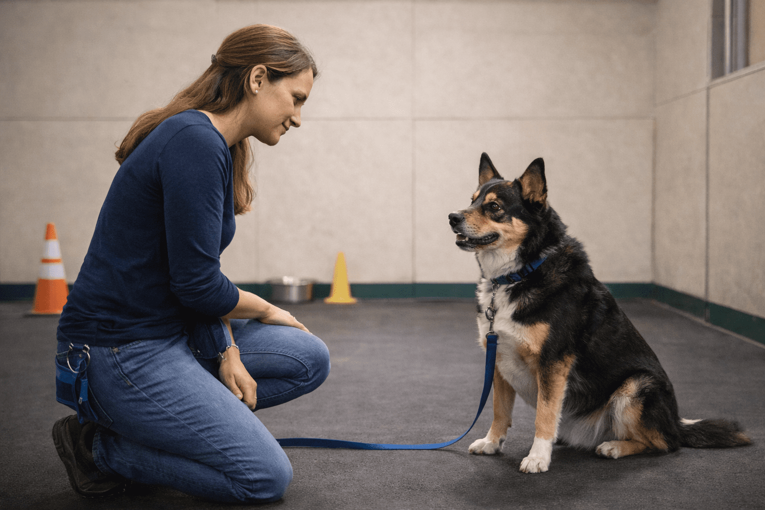 Boarding a Reactive Dog: Complete Guide for Safe Care 4 A woman kneels on the floor, smiling at a sitting dog on a leash in an indoor training area—unlike some places that show signs of bad dog boarding. The dog looks attentive, and there are traffic cones in the background.