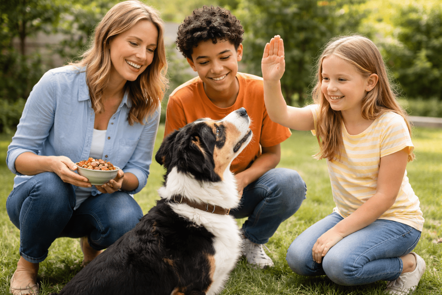 Positive Reinforcement Dog Training: A Complete Guide to Reward-Based Methods 5 A woman, a boy, and a girl sit on grass with a black and white dog. The girl gives the Dalmatian a high five as the woman holds kibble. All are smiling outdoors, showing that not all Dalmatians are aggressive dogs—they can be friendly family pets.