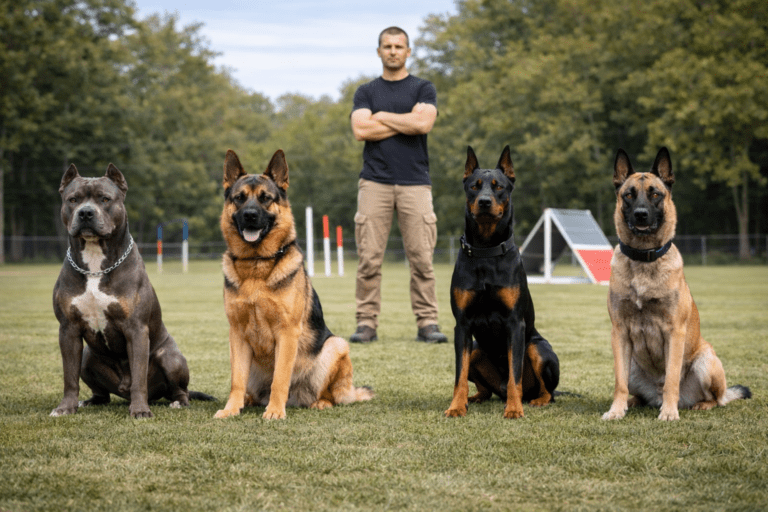 A man stands with arms crossed on a grassy field behind four large dogs—an American Bully, a German Shepherd, a Doberman Pinscher, and a Belgian Malinois—with agility equipment and trees in the background.