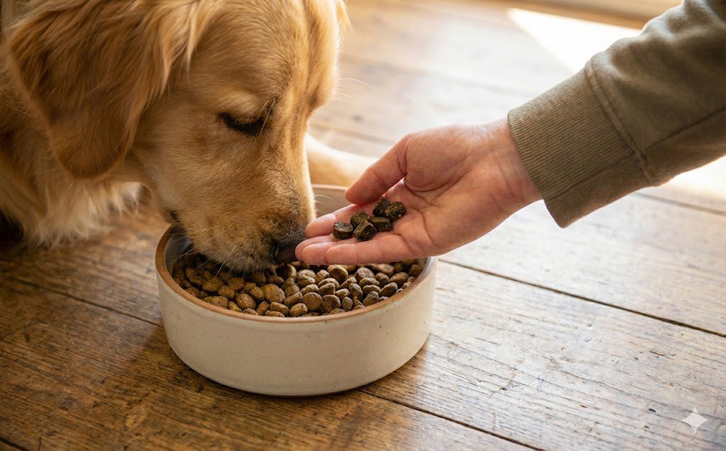 How to Stop Food Aggression with Dogs Safely 2 A golden retriever eats from a bowl of dry dog food on a wooden floor while a person’s hand, wondering why their dog keep humping me, offers a few treats.