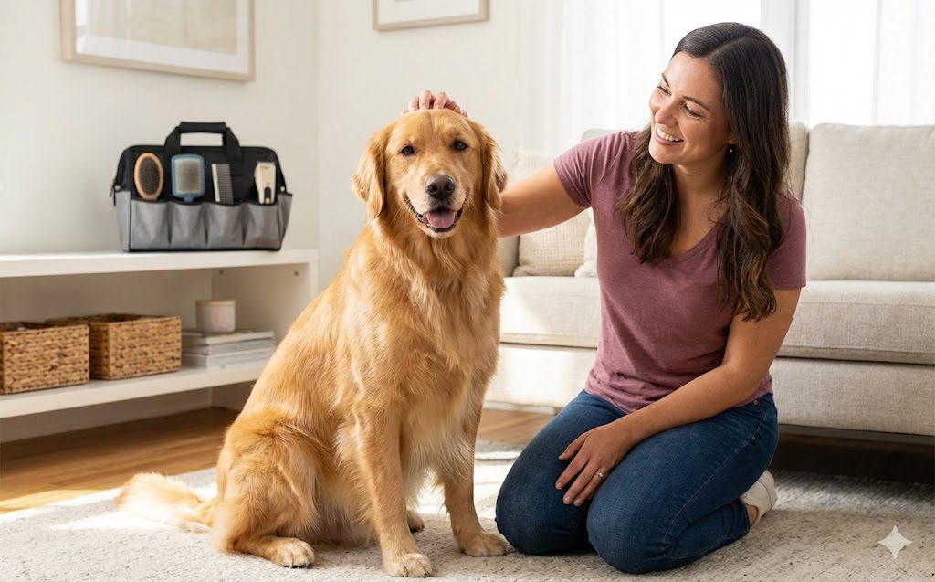 Grooming Aggressive Dogs: Safe Techniques and Professional Tips 5 A woman kneels on the floor, smiling and petting a happy golden retriever in a bright living room. A grooming kit sits on a shelf behind them.